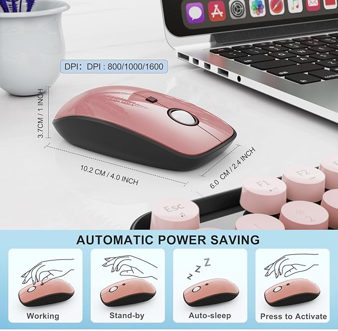 FOPETT Wireless Keyboard and Mouse Combo - 2.4G Full-Sized Cute Colorful Mouse and Keyboard with 104 Round Keys Retro Typewriter Keyboard for Laptop/Windows/PC - Pink Gradient