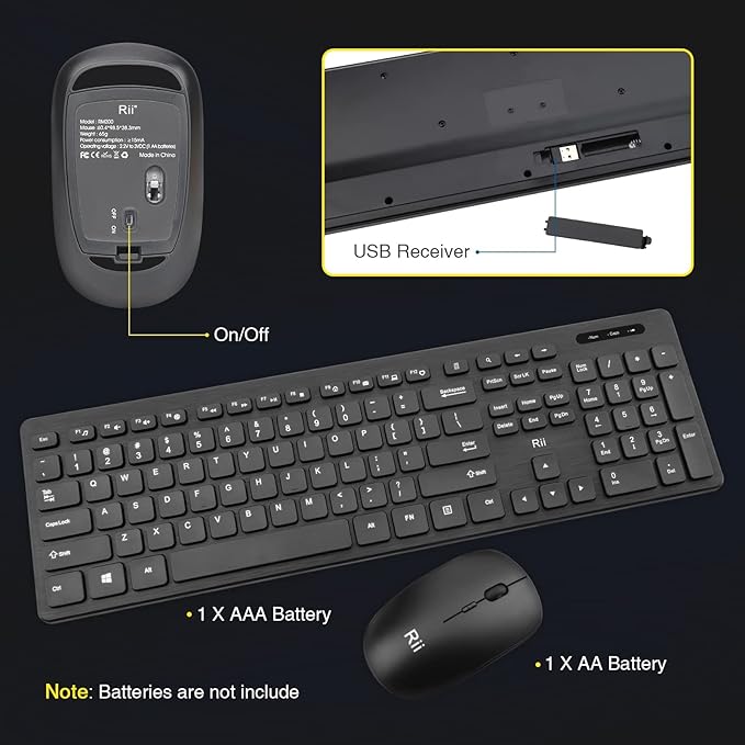 Wireless Keyboard and Mouse Combo - Rii Standard Office PC Keyboard and Optical Wireless Mice (Black (2 Pack))