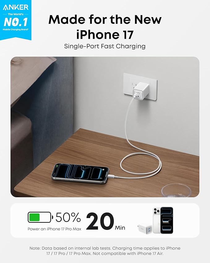 Anker Nano 47W USB C Charger, 2 Port Compact Foldable GaN Charger for iPhone 17 / 16, Galaxy, Pixel, Compatible with MagSafe (White)