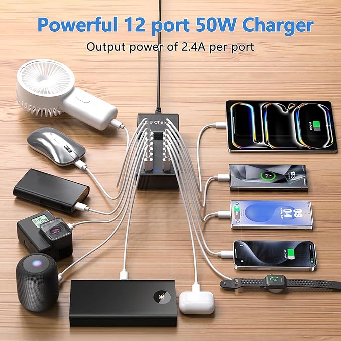Multi USB Charger USB C Charging Station Block 50W 12 Ports Multiple USB C Hub USB Charging Strip for iPhone 13/14/15/16/Smartphone/Tablet