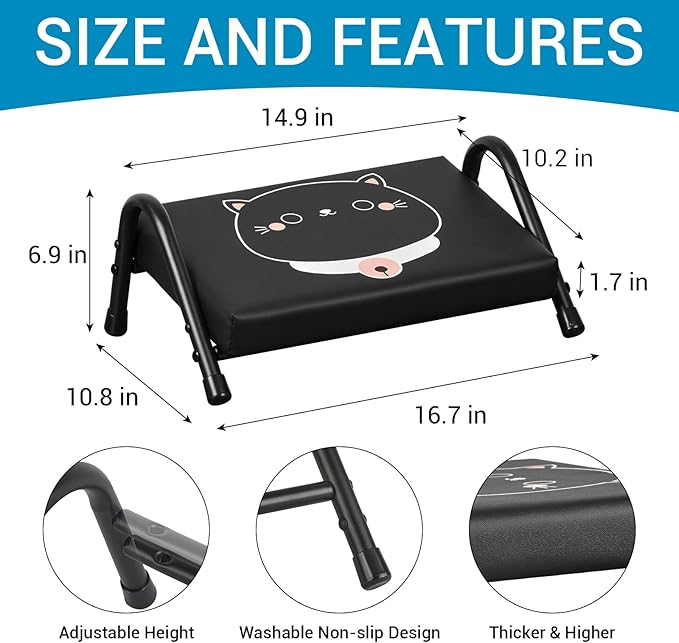 FUSLITE Foot Rest for Under Desk at Work,Ergonomic Foot Rest for Office Use, Adjustable Heights,Relieving Pain in Lower Back, Hip, Knee(Black with Kitten)