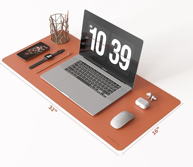 RENMTURE PU Mouse Pad, Faux Leather Large Desk Pad, Home Work Office Accessories, Non-Slip Desk Mat, Waterproof Gaming Pad Desk Blotter (32"x16", Orange)