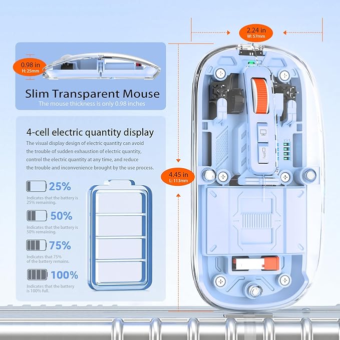 Modern Transparent Slim Wireless Mouse - Magnetic Shell Design, 3-Mode (Dual Bluetooth + USB), Rechargeable, One-Touch Desktop, for MacBook/pc/iPad/Laptop (Blue)