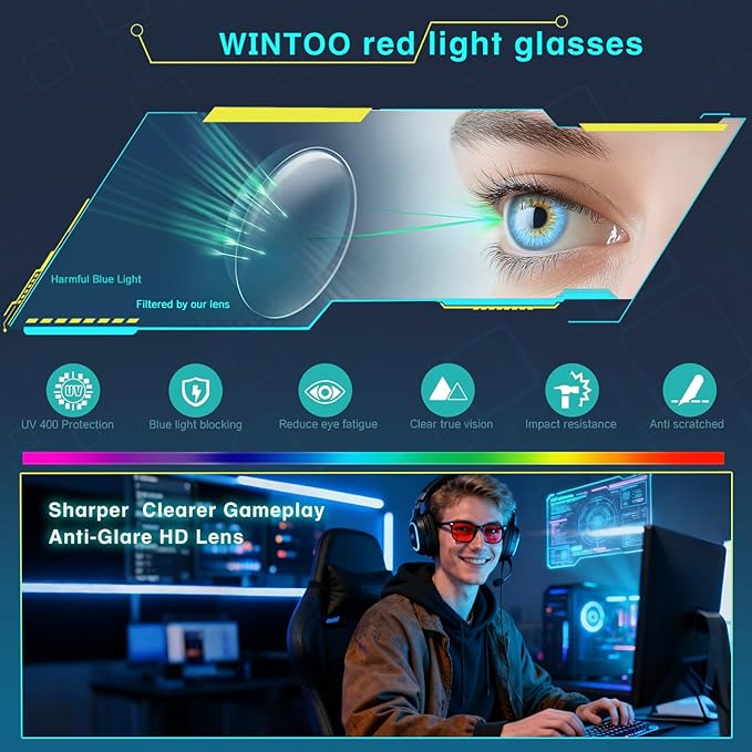 Red Lens Glasses Blue Light Glasses Men Women - 99.9% Blue Green Blocking for Computer, Gaming, TV, Phone Screens - 3 Pair
