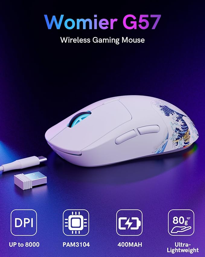 G57 Wireless Gaming Mouse, 8000 DPI, 80g, 2.4G/Bluetooth/USB-C Rechargeable Wireless Mouse with 5 Programmable Buttons for PC/Mac, White