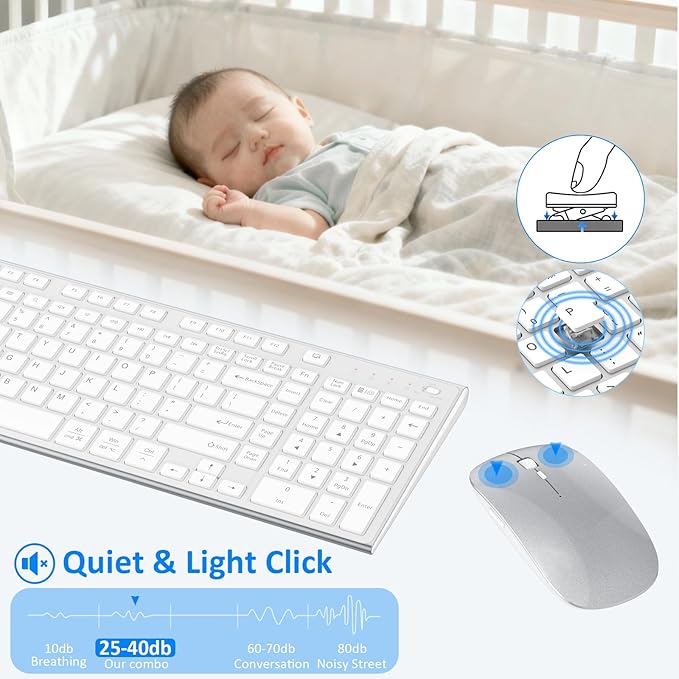 Wireless Keyboard and Mouse, GALENMORO Silent Quiet Combo Low Profile USB C Full Size Compact with Number Pad Flat Soft Touch Cordless for Mac Computer PC Laptop Macbook iMac Office - White and Silver