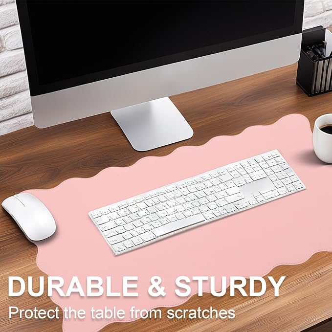 Scalloped Desk Mat Leather Desk Pad Protector Non-Slip PU Leather Table Protector Waterproof Mouse Pad Keyboard Mat Curly Mousepad PC Accessories Gift for Office Home(Light Pink)