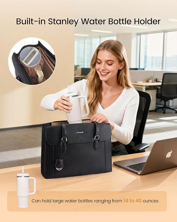 LOVEVOOK Laptop Tote Bag for Women,Computer Work Bag With Large Cup Holder,17.3 Inch Waterproof PU Leather Purse Briefcase for Teacher