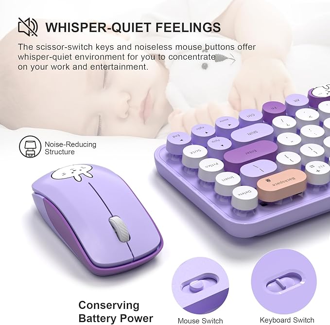 FOPETT Wireless Keyboard and Mouse Cute Mouse and Keyboard 2.4G Wireless Keyboards with Colorful 68 Keys Typewriter Retro Round Keycap for PC, Laptop,Tablet,Computer Windows - Purple Colorful