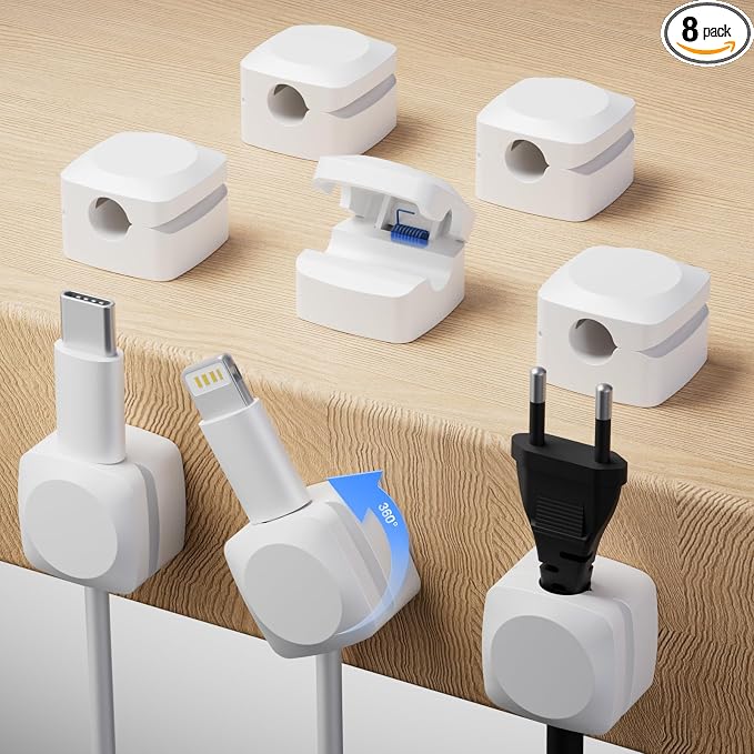 Rotatable Cord Organizer, Enhanced Spring Cable Clips, Strong Adhesive Cable Management, Desk Cord Holder for Nightstand, Office Accessories and Car (8*White) by Daisyhome