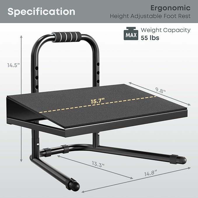 Height Adjustable Foot Rest - Relief Platform for Standing and Sitting, Ergonomic Under Desk Footrest with Non-Slip Surface, 6 Height Settings, Sturdy Metal Frame, Easy Assembly, Black