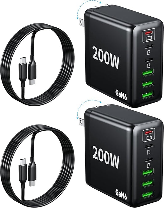 2 Pack USB C Charger Block 200W,6 Port Foldable Fast Charger Type C Charger iPhone 17 16 Fast Charging PD 3.1 Charging Station for All iPhone/Samsung Galaxy S25/S24/MacBook Pro/iPad