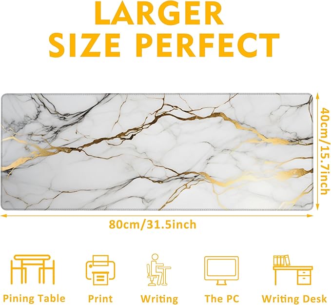 Desk Mat,Gold Line Marble Gaming Mouse Pad,31.5""X15.7"" Large Desk Pad with Stitched Edge Non-Slip Base Keyboard Big Mouse Pad for Office Home Work Gaming-White, WDQ-D02