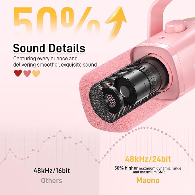 MAONO XLR/USB Gaming Microphone for PC, Dynamic Computer Mic for Streaming Podcasting, Noise Reduction, Mute, Volume Control, RGB Boom Mic for Vocal Recording,Voice-Over, PD100XS Pink
