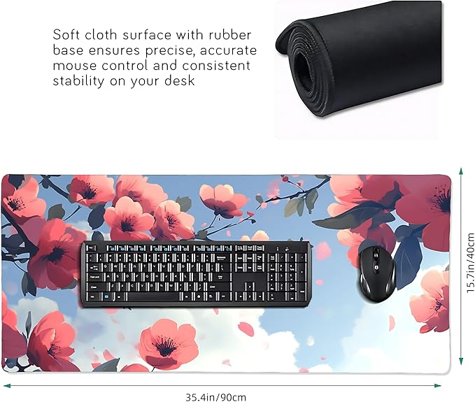 Cute Floral Aesthetic Cherry Gaming Mouse Pad, Blue Pink Anime Desk Mat with Anti-Slip Base & Stitched Edges, Office Supplies & Desk Decor for Women, 35.4" x 15.7" in Home Office Essentials