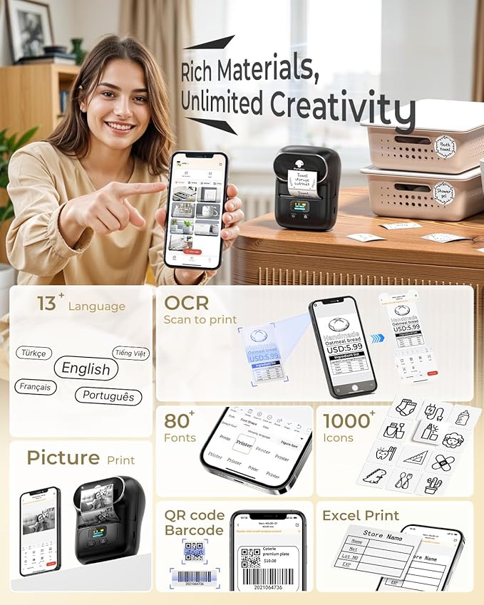 Memoqueen M110 Label Maker - M110 Barcode Label Printer Portable Bluetooth Maker Machine with Tape for Name Labels, Small Business, Address, Logo, Clothing Price Tag, Mailing, with 40x30mm Label