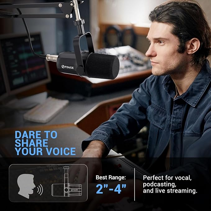 FDUCE XLR Dynamic Microphone for Vocal Recording, Podcasting, Gaming, Live Streaming&Broadcasting, All Metal Cardioid Mic, Voice-Isolating Technology, with Boom arm SL40X+