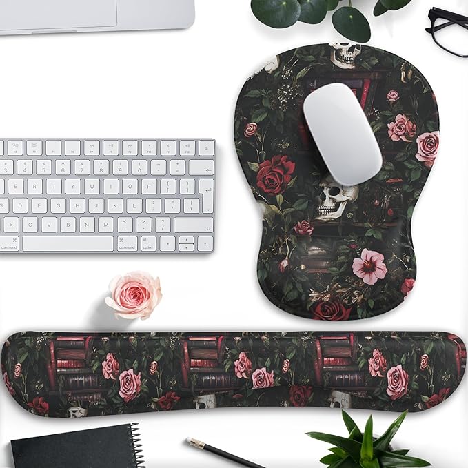 Gothic Skull Rose Ergonomic Mouse Pad with Wrist Rest & Keyboard Wrist Support Set - Non-Slip Gaming Office Desk Mat, Comfortable Memory Foam Cushion for Computer/Laptop Users, Home Office Workers