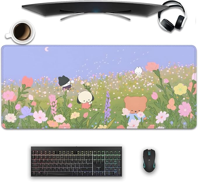 Flower Desk Pad Mouse Pad，Large Cartoon Cute Mouse Pads with Stitched Edges,Non-Slip Waterproof Rubber Base,Kawaii Nature Desk Mat for Desktop,Keyboard Pad for Office Home Work(27.5X11.8 in)