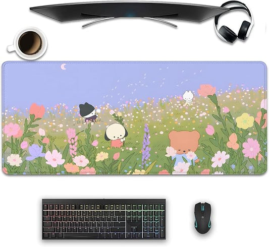 Flower Desk Pad Mouse Pad，Large Cartoon Cute Mouse Pads with Stitched Edges,Non-Slip Waterproof Rubber Base,Kawaii Nature Desk Mat for Desktop,Keyboard Pad for Office Home Work(27.5X11.8 in)