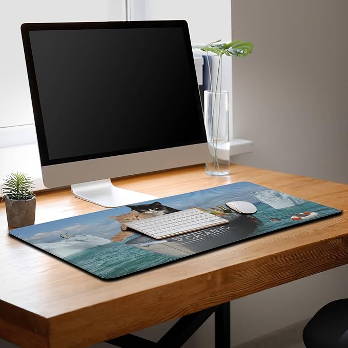 XXL Mouse Pad - Funny Cats Desktop Computer Mat, Large Desk Pads, Non-Slip Rubber Base Waterproof with Stitched Edges, 35.4" X 15.7" for Work/Game/Office/Home