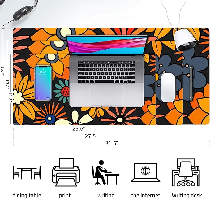 Desk Mat Large Protector Pad 23.6" ×11.8", Non-Slip PU Leather Desk Blotter, Waterproof Mouse Pad for Office Home Retro Flower