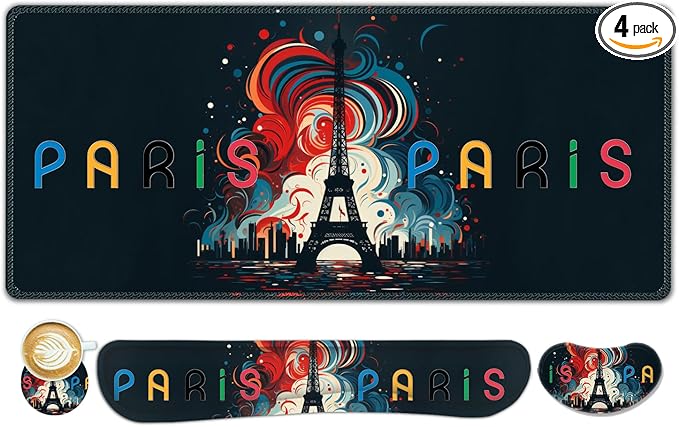ToLuLu Extended Gaming Mouse Pad, Memory Foam Ergonomic Keyboard Mouse Wrist Rest Support Set, Large Desk Mat with Stitched Edges, Non-Slip Base Mousepad for Home Office and Game, Eiffel Tower Paris
