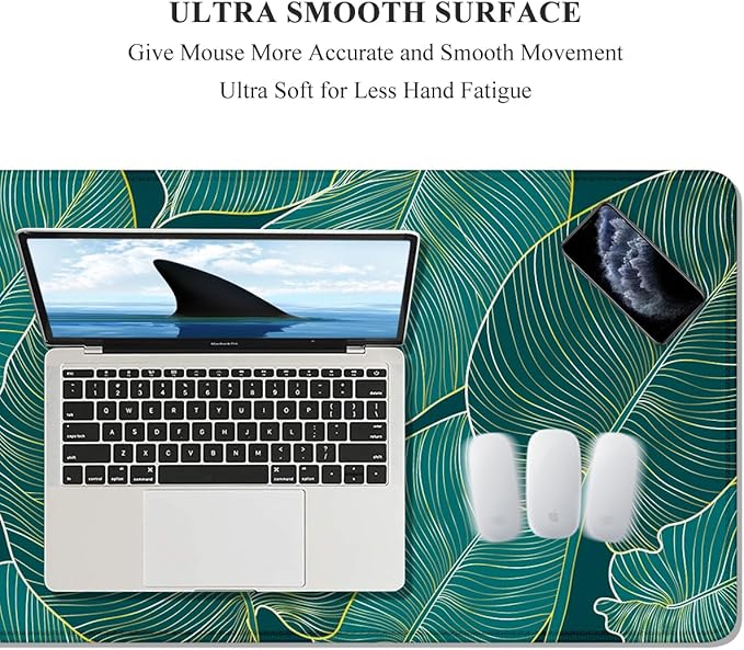 Auhoahsil Desk Pad, XL Extended Large Gaming Mouse Pad 31.5 x 11.8 Inch, Waterproof Mousepad with Stitched Edge, Non-Slip Computer Keyboard Laptop Mat for Women Men Office Work, Teal Tropical Leaves
