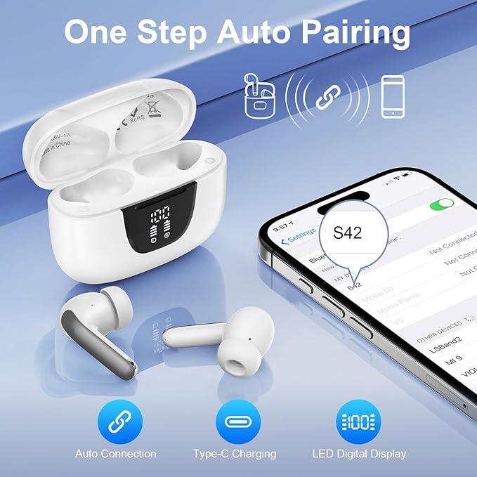 Wireless Earbuds for Samsung Galaxy S26 S25 Ultra, Bluetooth 5.3 Headphones Bass Stereo Noise Canceling Ear Buds with Mic LED Display, IPX7 Waterproof in Ear Earphones for Phone Laptop Sports Workout