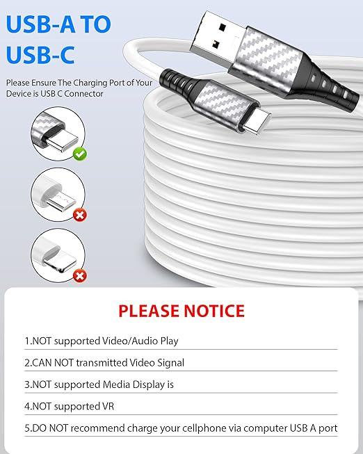20ft Long USB A to USB C Cable Heavy-Duty for 10W 12W 18W 20W USBA Charger Block for Tapo/TP-Link for Xiaomi/Mi for eufy Security Camera Power Bank Cord Type C USB2.0 Data Transfer Charging Wire White