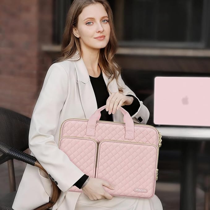MOSISO 360 Protective Laptop Case 13.3 inch, 13-13.3 inch Laptop Sleeve Compatible with MacBook Air/Pro 13/Pro 14,HP Dell ASUS Lenovo, Square Quilted Bag Cover with 2 Pockets&Handle&Belt, Chalk Pink