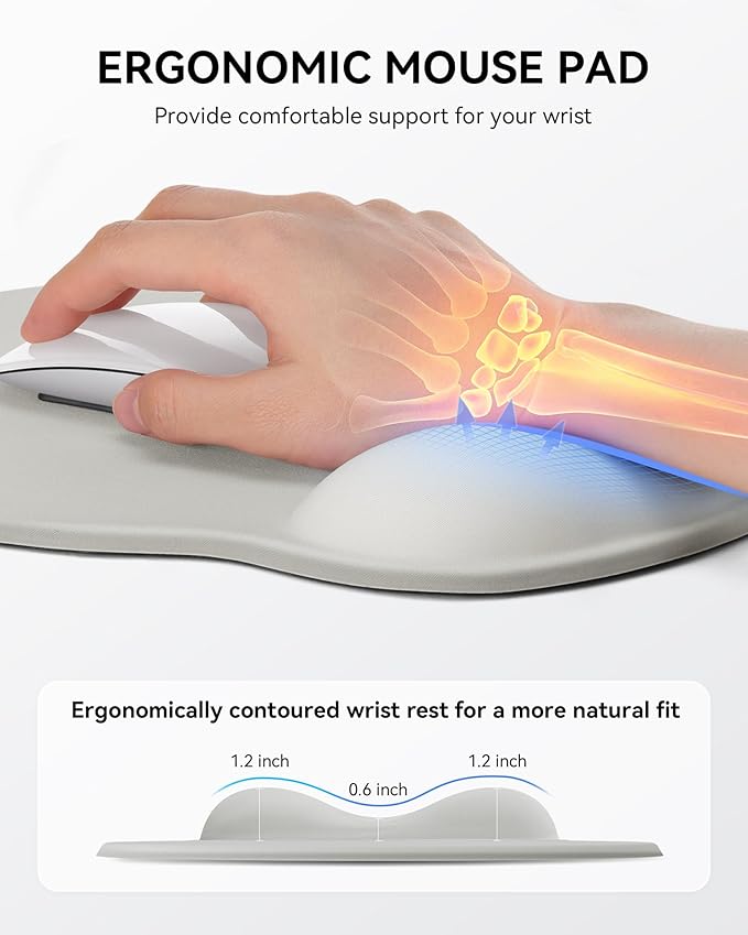 Mouse Pad with Wrist Rest, Ergonomic Mouse Pads for Desk, Office Non-Slip Mousepad with Gel Wrist Support(Light Gray, 10.6''L x 9''W)