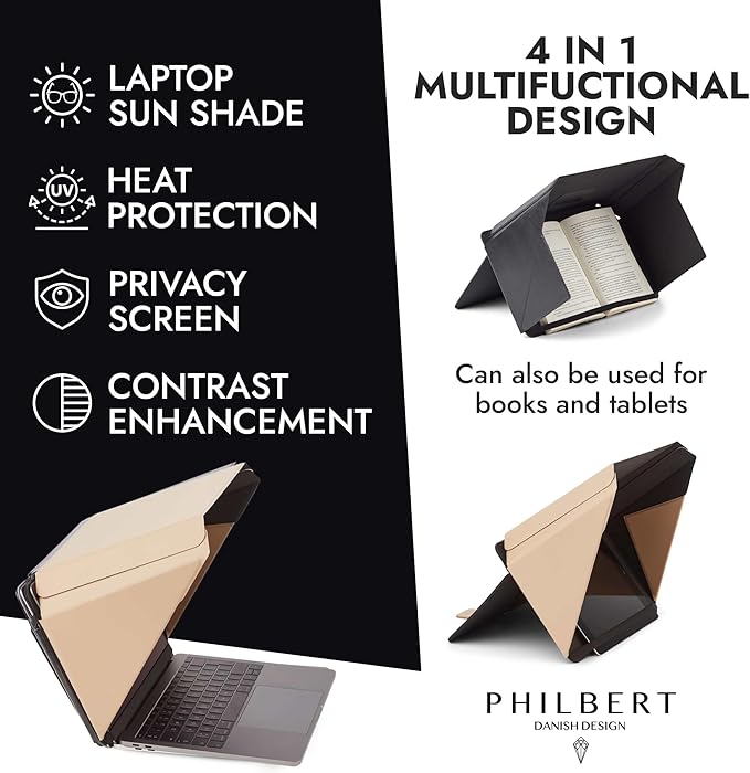 4-in-1 Laptop Screen Shade – Original Lux Hood – Sun, Privacy, Heat & Contrast Protection, Freestanding with Pocket, Fits 15–16” MacBook & PC, Patented, Beige | PHILBERT Danish Design
