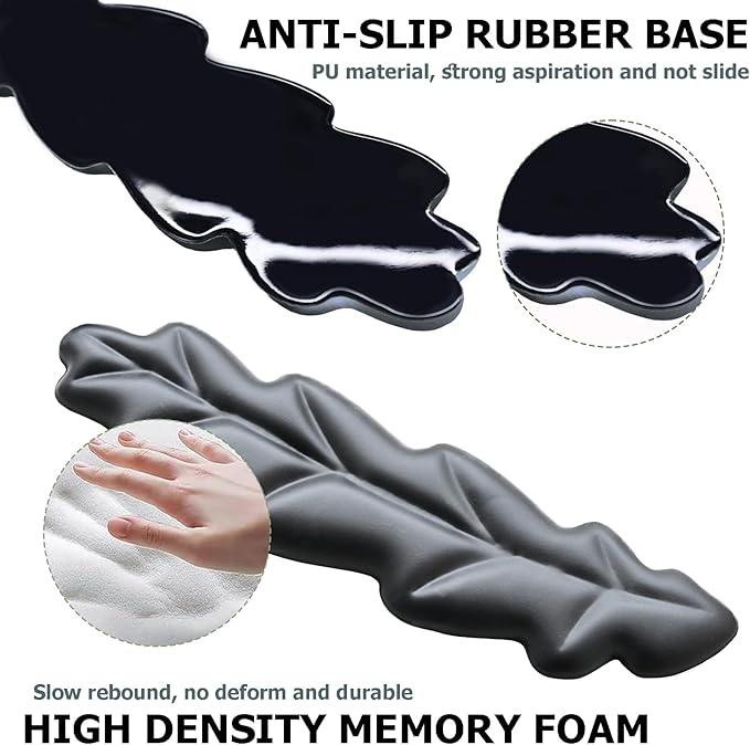 Ergonomic Keyboard Wrist Rest, Leaf Shape PU Leather Memory Foam Wrist Support for Computer Keyboard, Keyboard Pad and Cute Mouse Wrist Pad for Gaming,Office, Computer, Typing Pain Relief, Black