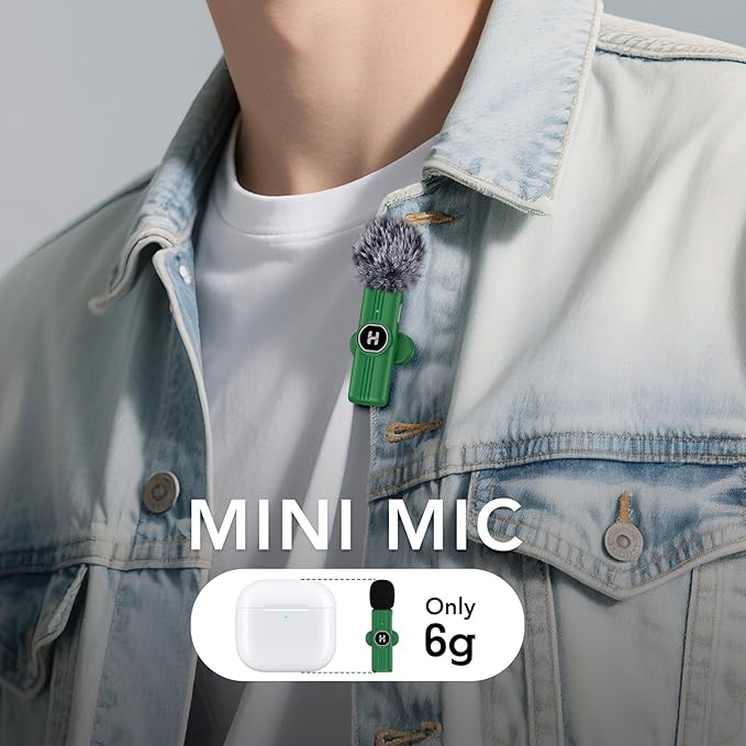 USB C Mini Wireless Lavalier Microphone for iPhone 15 16, iOS and Android Devices - Noise Reduction Lapel Mic for Recording, Clip Omni Lav Mic for Video Recording, Tiktok, Youtube, Vlog (Green)