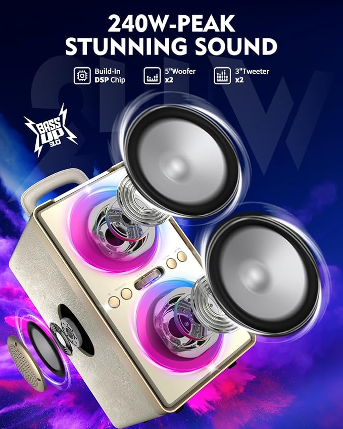 Bluetooth Speaker, 240W Peak Loud Party Speaker with Big Bass, 20H Playtime, TWS, BT5.3, Large Portable Wireless Boom Box with LED Light for Outdoor Backyard Beach Home (Leather White)