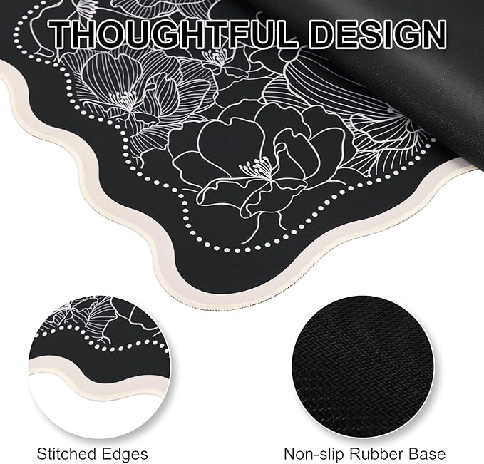 L-SPOUTTO Black Floral Mouse Pad,Vintage Aesthetic Scalloped Desk Mat XXL Large Gaming Mousepad,35.4x15.7in Non-Slip Keyboard Pad Waterproof Desktop Mat for Laptop Computer Work Game Home Office-Peony