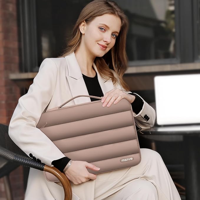 MOSISO 360 Protective 13-14 inch Laptop Case, 13.3 inch Puffy Laptop Sleeve Compatible with MacBook Air 13 13.6 M3 M2 M1/Pro 13/14, HP, Dell, ASUS, Lenovo,Polyester Horizontal Side Open Bag, Brown
