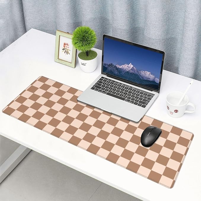 Checkered Brown Gaming Mouse Pad Desk Mat for Home and Office, Large Mousepad Extended Keyboard Pad Stitched Edge Accessories Decor