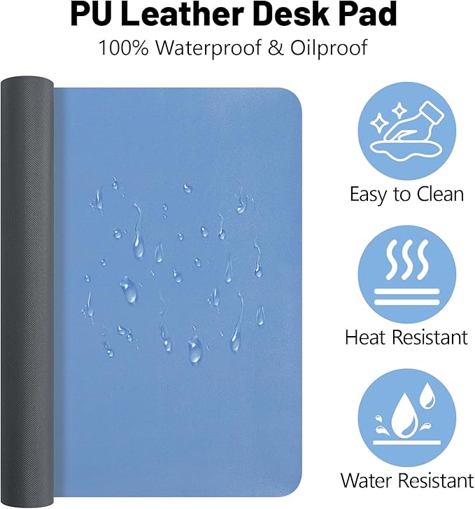 Desk Pad Mat, Leather Desk Mat for Desktop, Blue Computer Mouse Pad Non-Slip, Waterproof Keyboard Mats for Office/Home/Decor, 23.6" x 13.7"