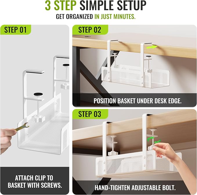 [Upgraded] 2 Pack Cable Management Under Desk Tray, Xpatee 27.6" No Drill Open Slots Cable Management Tray, Cord Wire Organizer Box with Clamp for Table Thickness up to 3" - No Desk Damage(White) - Image 5