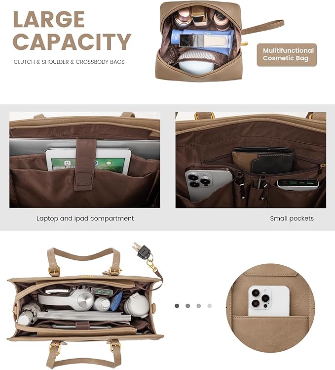 LOVEVOOK Laptop Bag for Women Vintage Leather Work Tote 15.6 inch Large Capacity Computer bag with Clutch Purse for Office, Travel, School, Casual