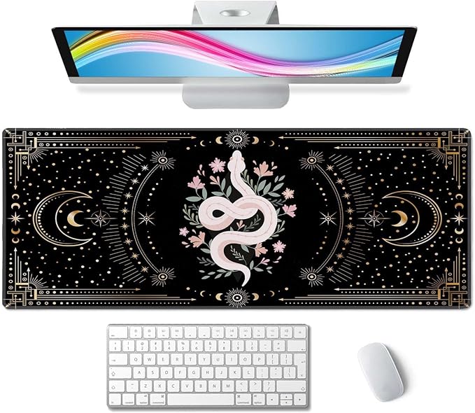 Boho Snake Witch Desk Mat Moon Phases XL Mouse Pad Large Full Desk Mousepad Gaming Extended Keyboard Mouse Mat Desk Pad for Computer Laptop 31.5''X11.8'' Non-Slip Rubber Base with Stitched Edges