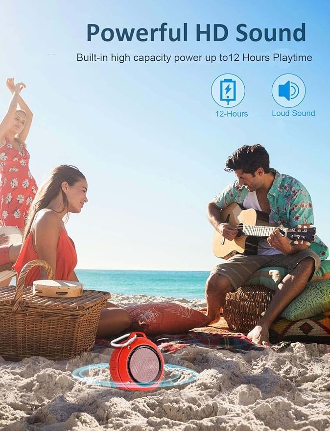 Kunodi Outdoor Waterproof Bluetooth Speaker, Wireless Portable Mini Shower Travel Speaker with Subwoofer, Enhanced Bass, Built in Mic for Sports, Pool, Beach, Hiking, Camping