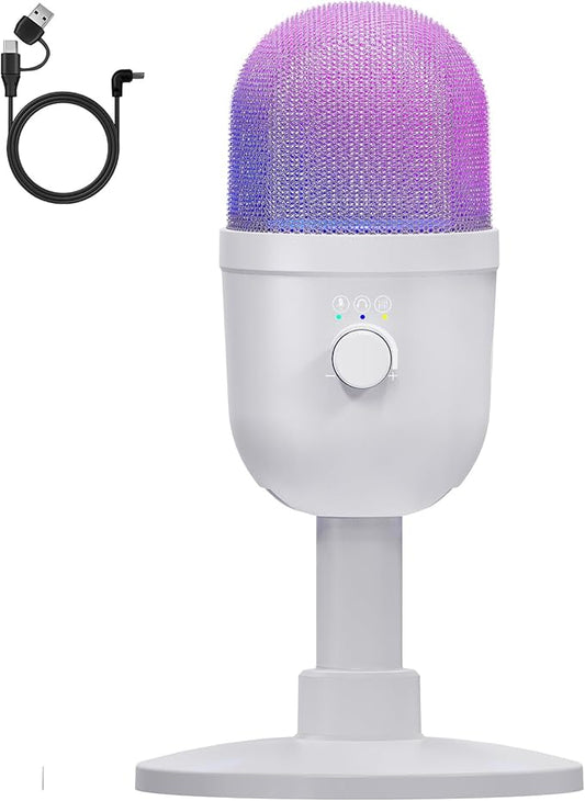 USB Gaming Condenser Microphone for PC/Desktop,192kHz/24Bit,Noise Cancellation,Monitoring,Quick Mute & RGB Lighting,USB PC Mic for Laptop,Podcast,Streaming,Recording White