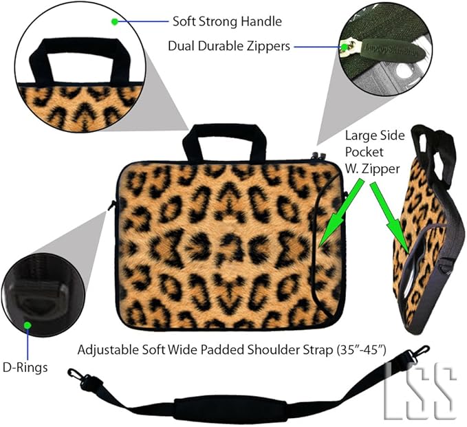LSS 17-17.3" Laptop Sleeve Bag Compatible with Acer, Asus, Dell, HP, Sony, MacBook and More | Carrying Case Pouch w/Handle & Adjustable Shoulder Strap,Leopard Print