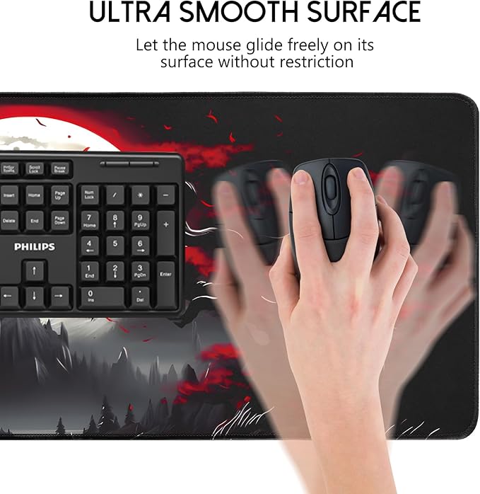 Large Gaming Mouse Pad, Anime Black Mousepad with with Non-Slip Base, Expanded Cool Desk Mat, Mountain Moon Scenery XL Keyboard Mat Suitable for Home Office,31.5 X 15.7 Inch