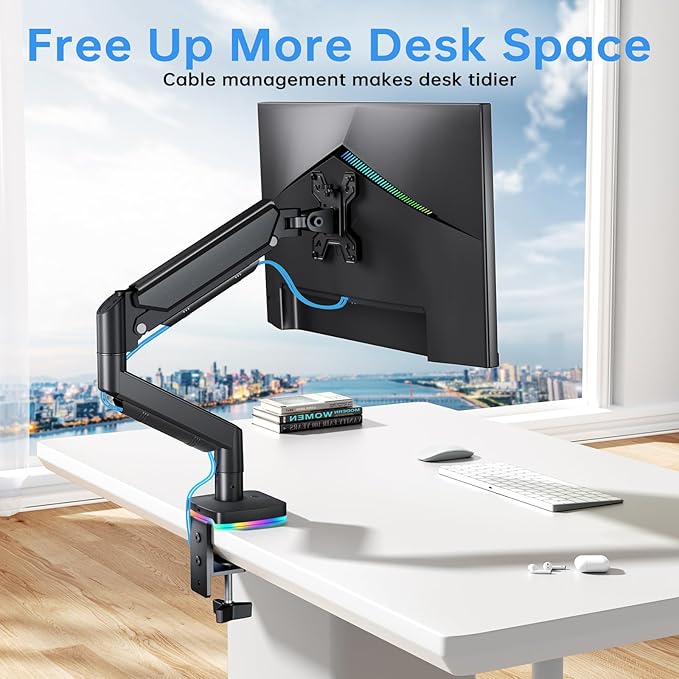 RGB Single Monitor Stand, Gas Spring Monitor Arm with 3 USB Ports, Charging and USB Data Transfer Function, Desk Mount for 13"-32" Monitors up to 19.8lbs, Adjustable Height, Tilt, Swivel, Rotate