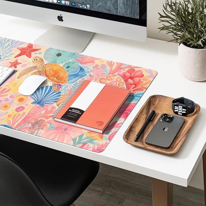 Large Mouse Pad, Pink Coral Desk Mat for Desktop, Women Girls Flowers PU Leather Waterproof Desk Pad, Computer PC Laptop Protector Gaming Mouse Pads for School Office Home 31.5" x 15.7"