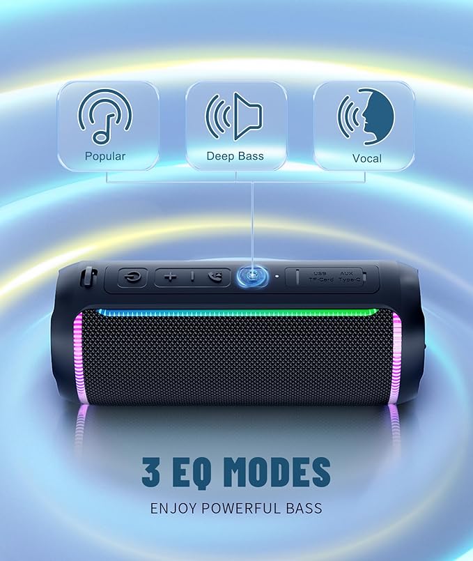 Ortizan Portable Bluetooth Speaker (3nd Gen), Bold 40W Sound with DSP Bass Boost, IPX7 Waterproof, 30Hrs of Playtime, TWS, BT 5.3, Colorful Lights, EQ, USB, Wireless for Home, Outdoor, Party - Black